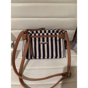 Rosetti‎ Blue & Beige Striped Crossbody Bag with Tan Vinyl Trim